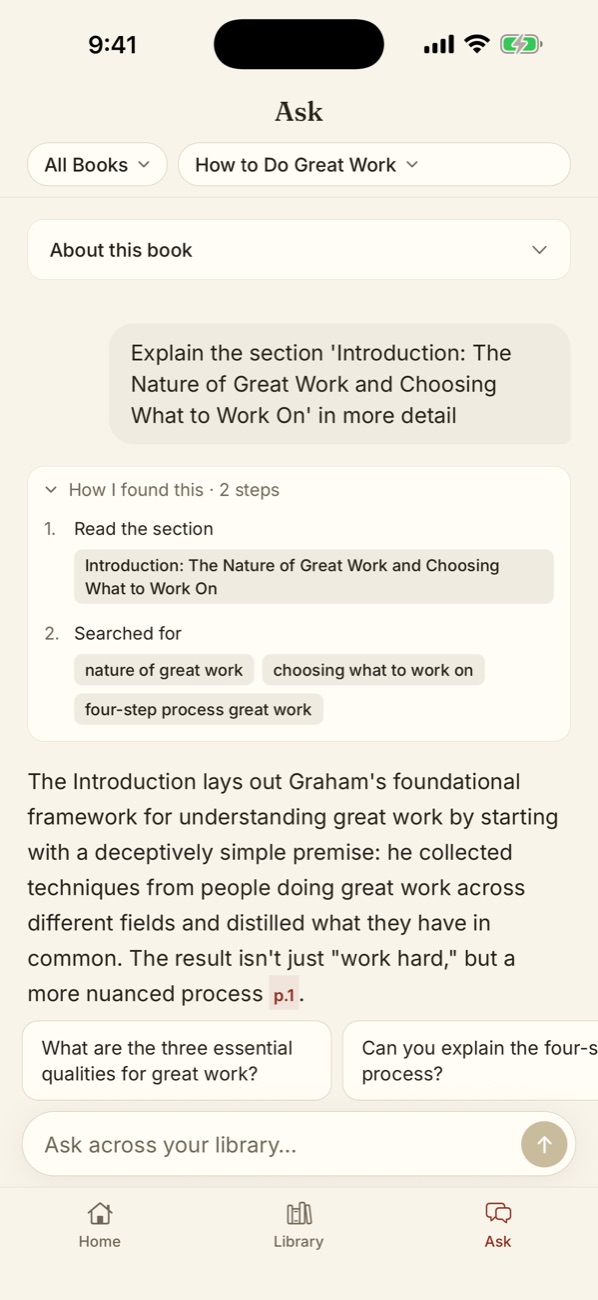 Asking a question in the Myreader app, with the answer citing page 1
