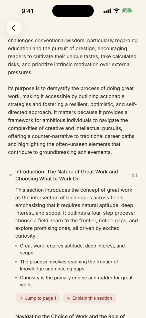 Section-by-section summary of a book in the Myreader app