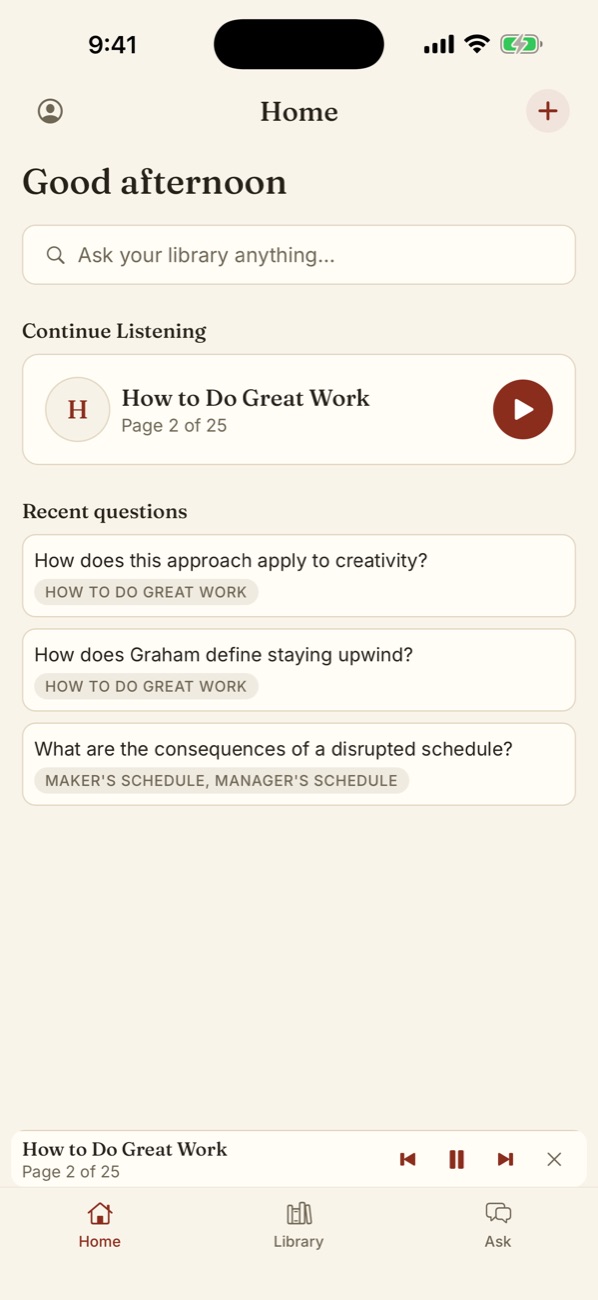 Myreader home screen with continue listening and recent questions