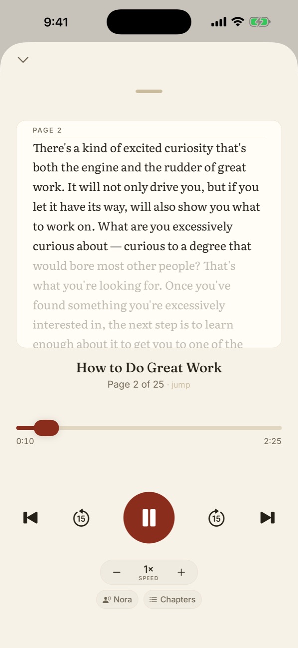 The Myreader audio player showing the page text while it plays